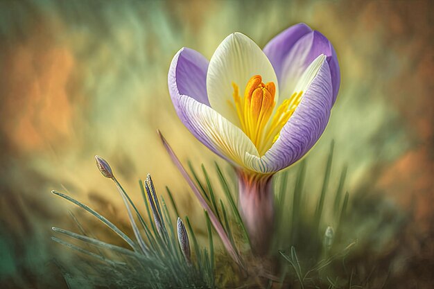 Pastelcolored crocus blooming in a meadow