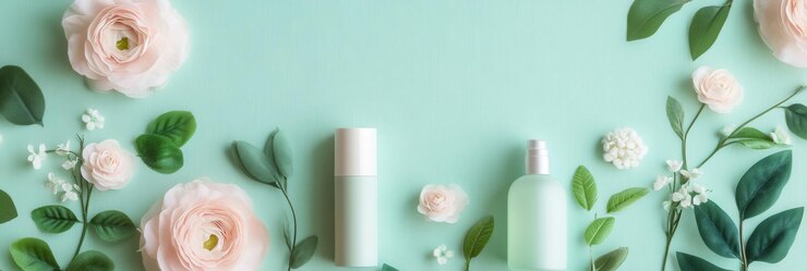 Pastelcolored flowers and skincare products are arranged harmoniously on a serene green surface highlighting natural beauty Generative AI