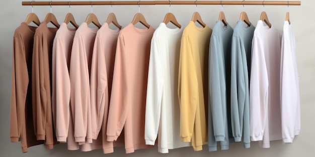 Pastelcolored sweatshirts hang on a hanger