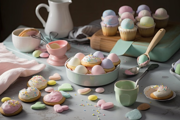 Pastelcolored treats and sweets perfect for a springtime baking class created with generative ai