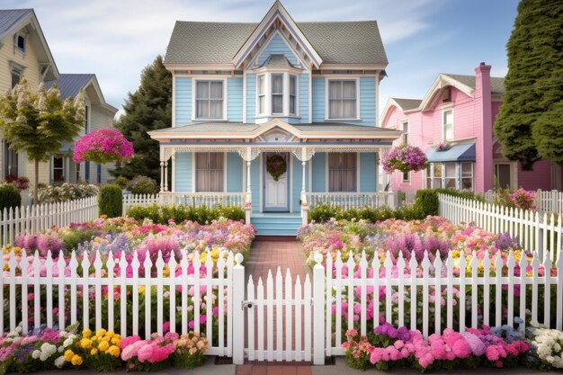 Photo a pastelcolored victorian house with a white picket fence and blooming flower beds