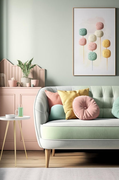 Pastelgroene retro bank met kussens en schilderij gemaakt met behulp van generatieve AI-technologie