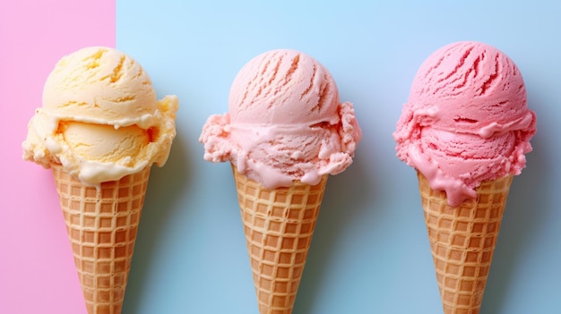 Pastelhued ice cream cones on a simple background evoke the joy