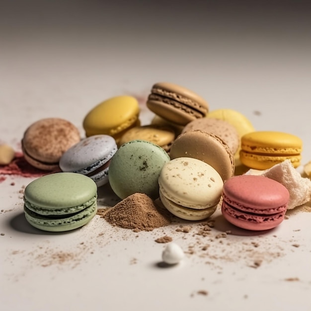 Pastelkleur bitterkoekjes gebak en bruine suiker op een tafel