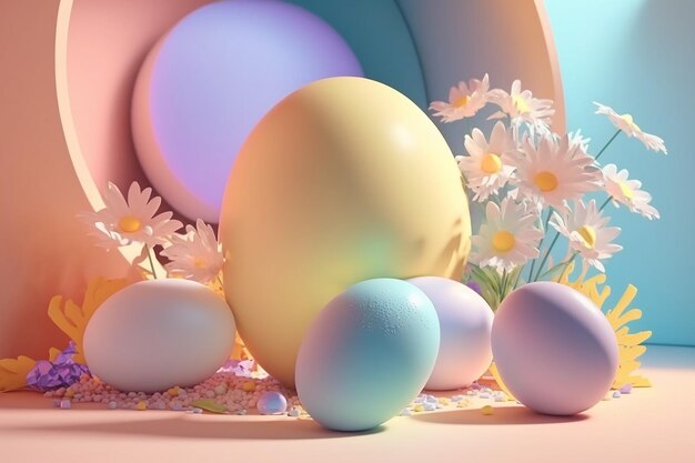Pastelkleur lente Pasen achtergrond met decoratieve eieren en bloemen generatieve ai