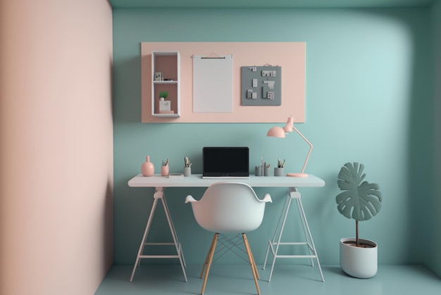 Pastelkleur toon minimale gezellige thuiswerkruimte voor werk thuis interieur decoratie inspireren achtergrond