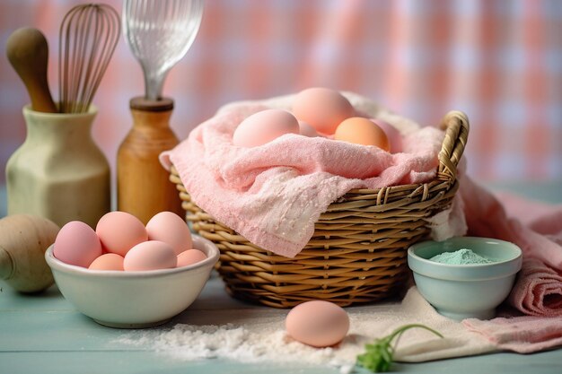 pastelkleuren ingrediënten voor het bakken van een taart in een mand