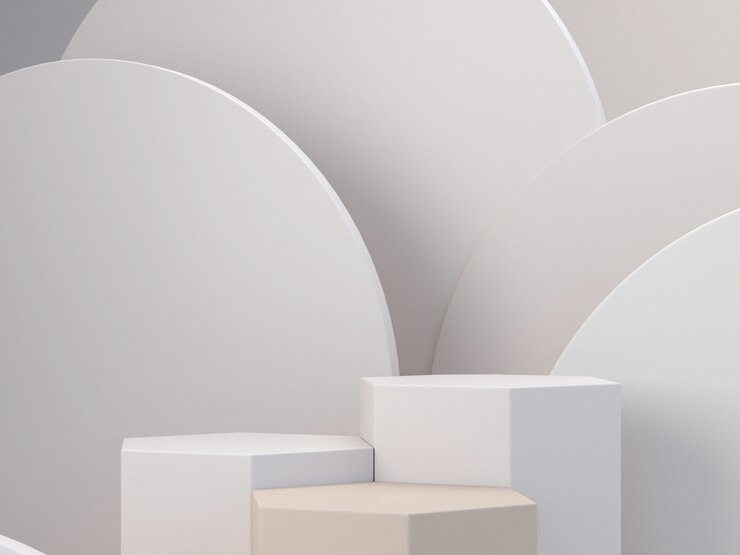 Pastelkleuren vormen op natuurlijke pastel kleuren abstracte achtergrond. Minimaal zeshoekig podium. Scène met geometrische vormen. Lege vitrine, cosmetische productpresentatie. Mode tijdschrift. 3D render.
