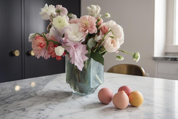 Pastelkleurige bloemen in kristallen vaas op marmeren tafelblad gemaakt met generatieve AI