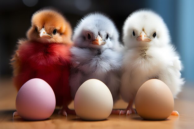 Foto pastelkleurige kuikens met eierschalen