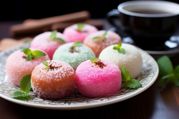Pastelkleurige mochi versierd met munt op een bord vergezeld van thee biedt een traditionele Japanse dessertervaring