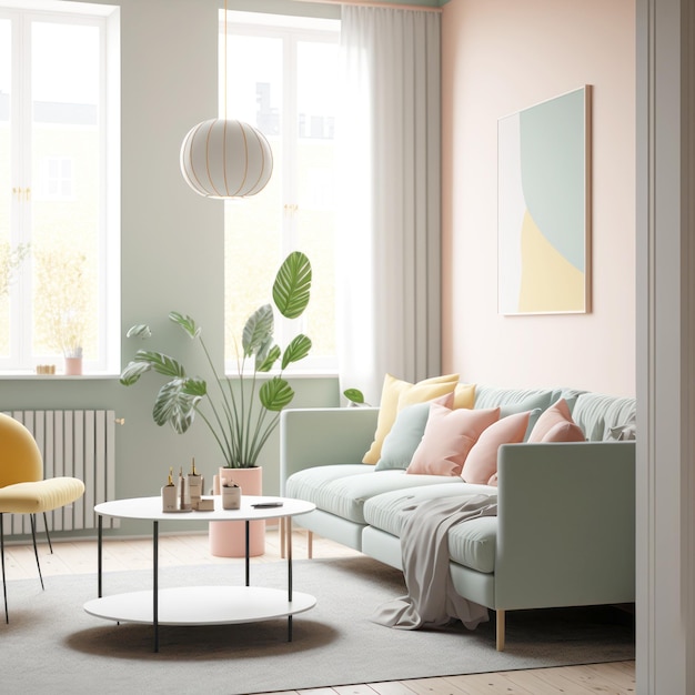 Pastelkleurtoon schattige gezellige woonkamer in minimalistische stijl met meubels