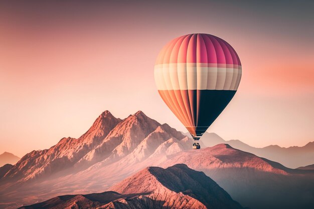 Pastelroze heteluchtballon die over bergen zweeft