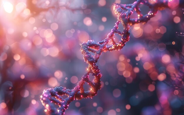 Pastelroze, lichtgekleurde achtergrond met DNA-chromosomen en een dubbele helix Generatieve AI