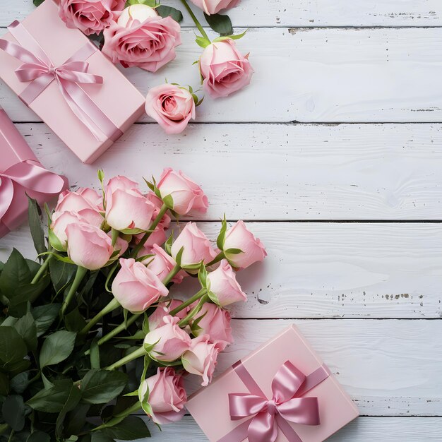 Pastelroze rozen en geschenkkistjes met witte houten inrichting voor sociale media