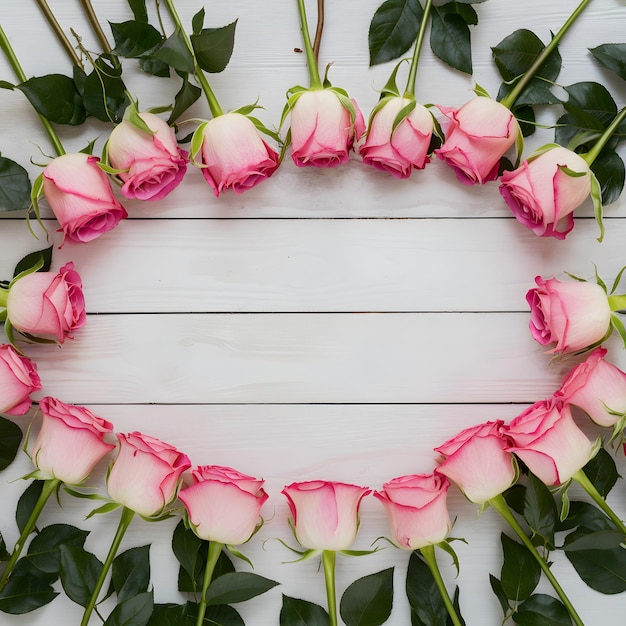 Pastelroze rozen en geschenkkistjes met witte houten inrichting voor sociale media