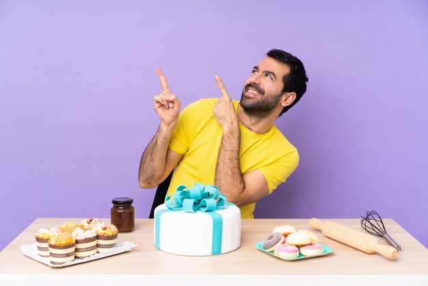 Pastery man with beard over wall