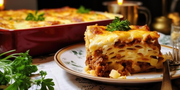 Pastitsio Greek Baked Pasta in a cozy family dining room Cheesy Delight Baking Perfection P