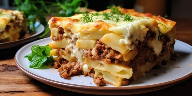 Pastitsio Greek Baked Pasta in a cozy family dining room Cheesy Delight Baking Perfection P