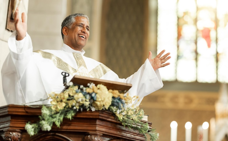 Photo pastor preach and in church smile bible and talking with pride confidence and happy with altar blessing worship or spiritual leader for faith happiness or joy for gospel leadership or religion