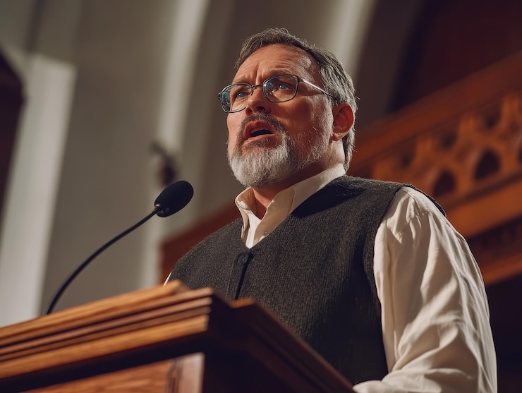 Photo pastor preaching passionately from a wooden pulpit