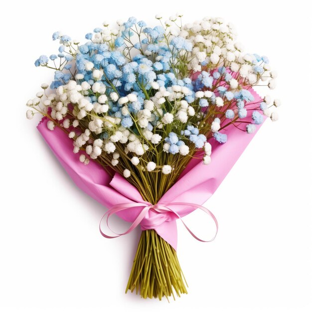 Pastoral charm bouquet of pink and blue flowers wrapped in paper