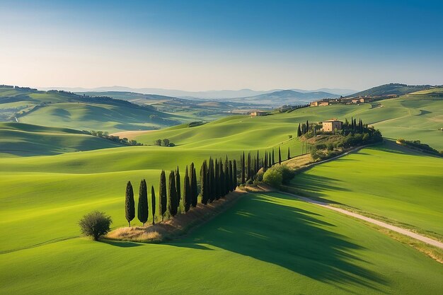 Foto pascolo verde con lunghe ombre in toscana, italia