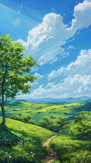 Pastoral landscape with rolling hills and dynamic sky Digital painting with a serene