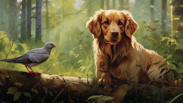 Pastoral oil painting of a dog and a bird Ai generated art
