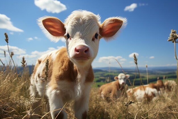 Pastoral Serenity Cow Amidst Grass with Sky Background