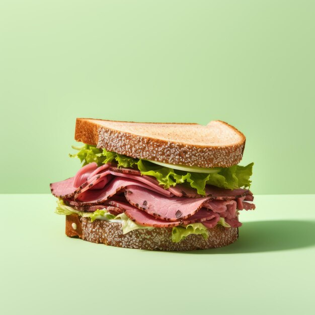 Foto pastrami broodje op de groene achtergrond van de studio