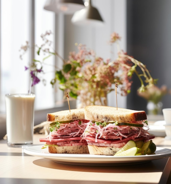 Pastrami sandwich on the white cafe table indoors