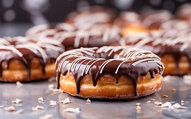 Pastries concept donuts with chocolate glaze on white wooden table blurry background