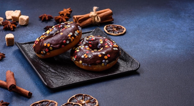Pastries concept Donuts with chocolate glaze with sprinkles on a dark concrete table