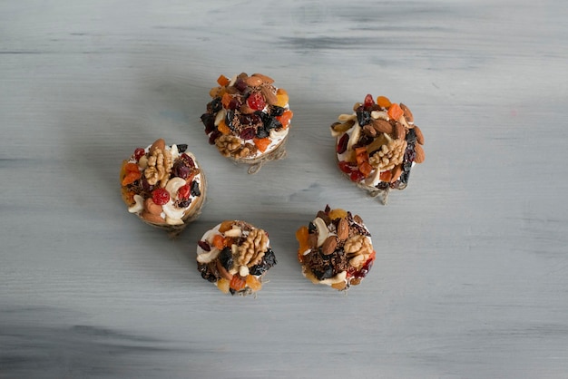 Pastries with nuts and raisins on the table