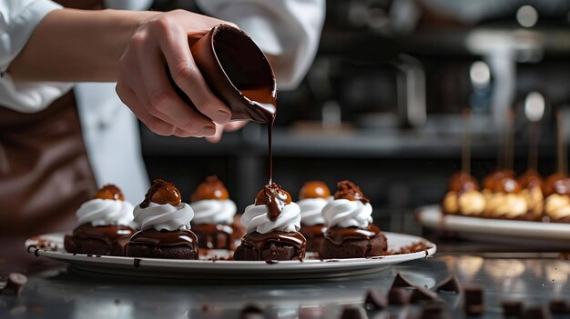 Photo pastry chef carefully pouring melted chocolate over a series of decorated chocolate cakes