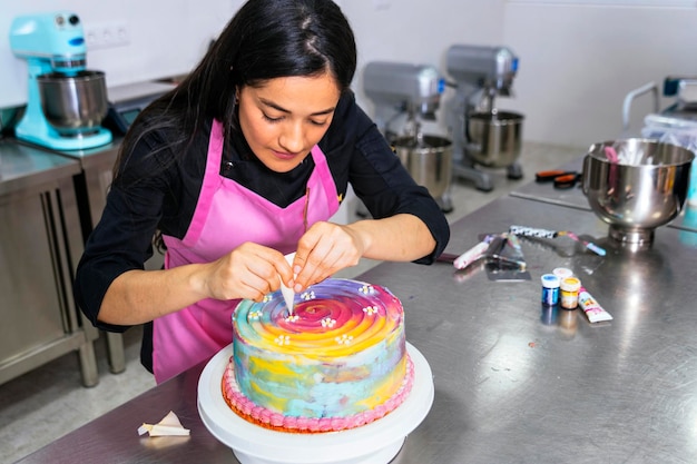 パティシエのコロンビア人女性シェフがケーキを飾る