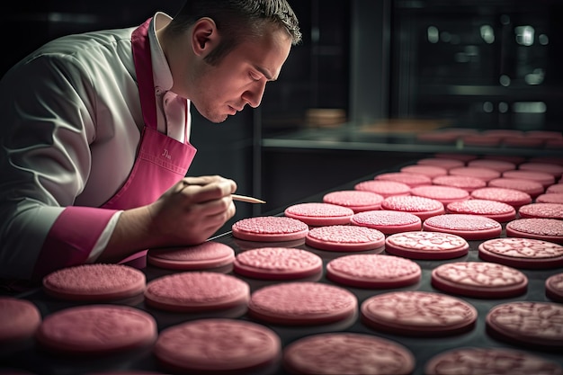 페이스트리 셰프는 핑크색 쿠키를 제작합니다.