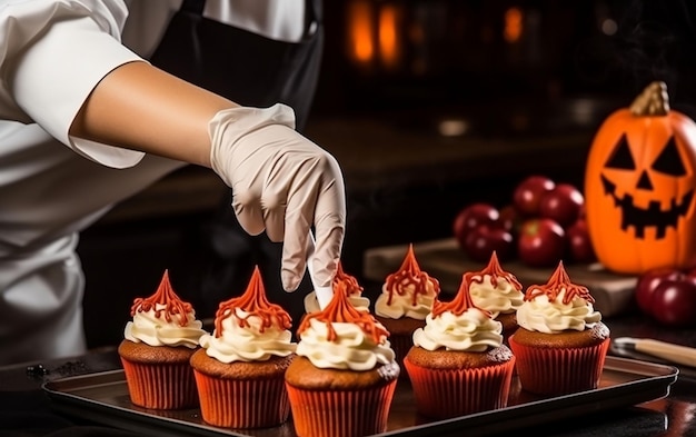 pastry chef decorating cupcakes for halloween