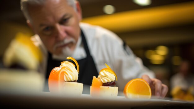 The pastry chef masterfully shapes a dessert