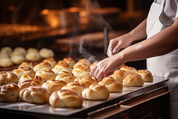 Pastry chef preparing buns in the kitchen