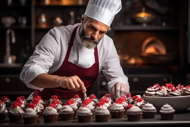 Pastry chef preparing cupcakes in the kitchen