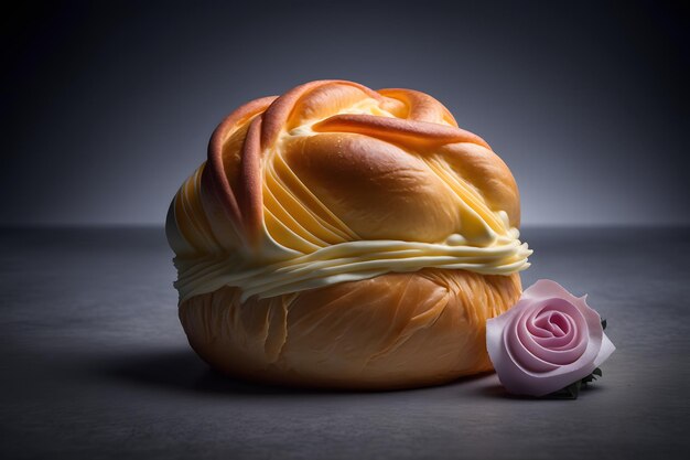 A pastry made with a flower on a table.