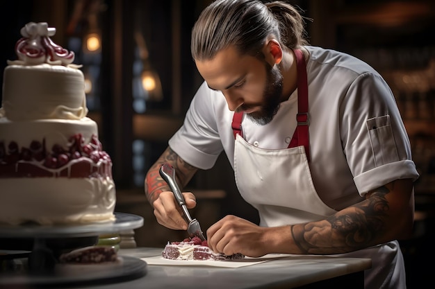 Foto il pasticciere sta facendo una torta.