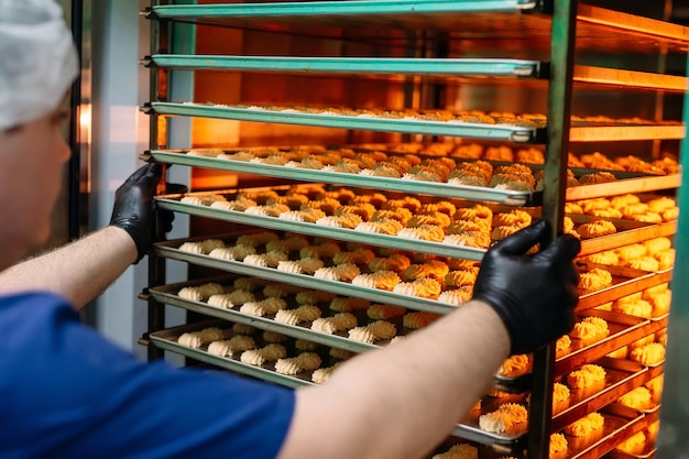 Pastry man takes out of the oven ready-made Shortbread Cookies.