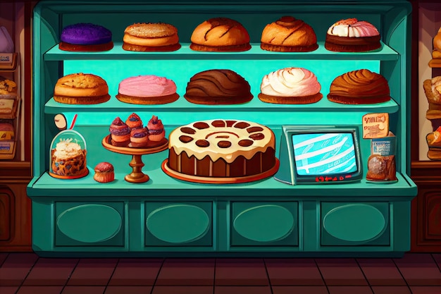 Pastry shop confectionery shelf with buns and muffins