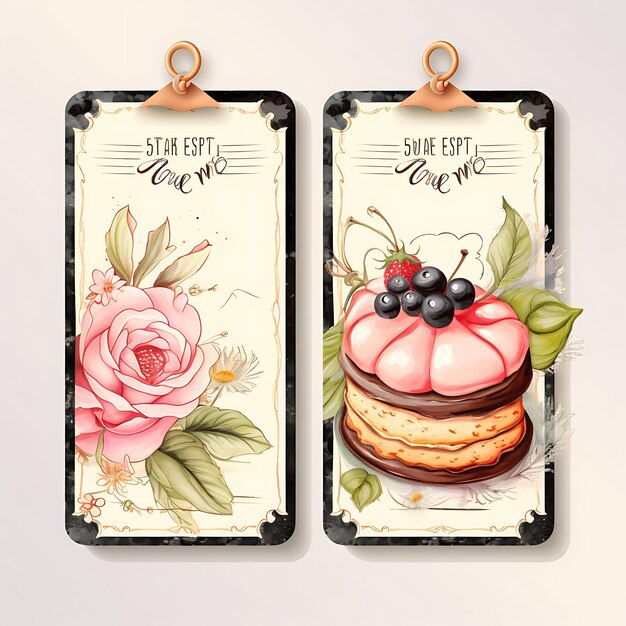 Pastry shop tag card parchment paper floral sketch rectangul 2d card design creative illustration