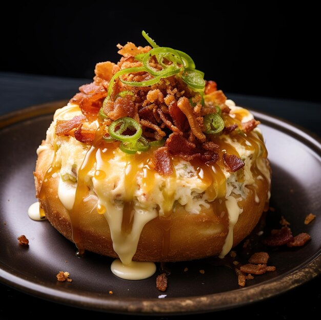 a pastry with bacon and cheese on a plate with a black background.