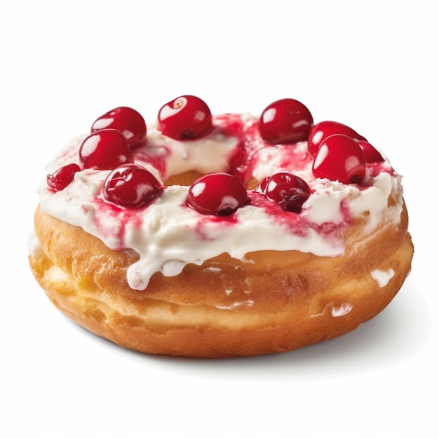 A pastry with cherries and cream on top of it