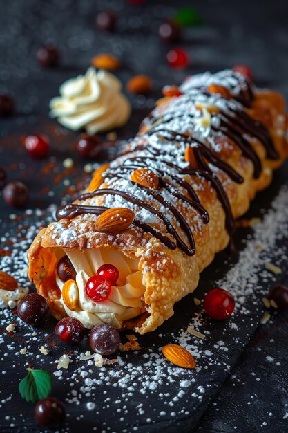 Photo a pastry with chocolate and cranberries on a black background